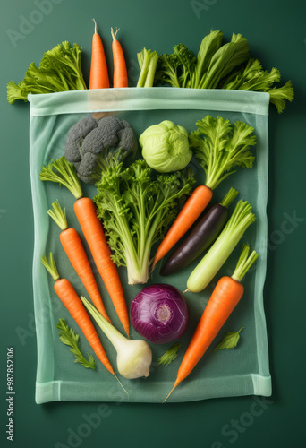 Carrots, broccoli, tomatoes and other fresh vegetables on a light background. Top view photo