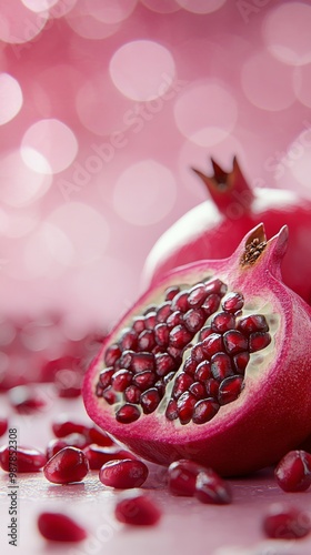 Freshly sliced pomegranate showcasing vibrant seeds against a soft, blurred p...