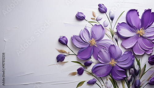 Fototapeta Naklejka Na Ścianę i Meble -  Oil painting of purple flowers on white canvas. Palette knife technique. Hand drawn botanical art