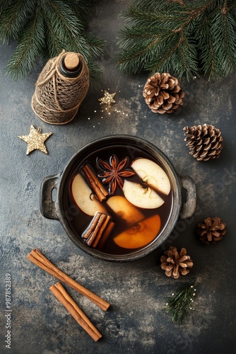 Festive potpourri of spiced apple cider and holiday decorations on a dark sur...