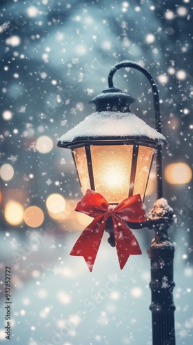 Snowy winter night with a lit street lamp adorned with a red bow in a festive...