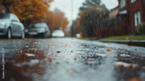 Rain-soaked street in autumn with fallen leaves and blurred cars in the backg...