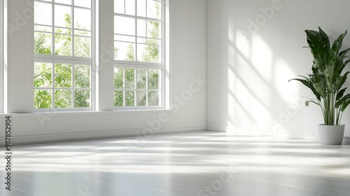 Spacious interior with large windows showcasing a cityscape on a bright day