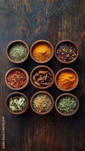 A variety of colorful spices arranged in bowls on a wooden surface in a kitch...