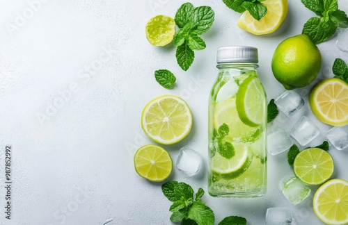 Refreshing homemade lime mint beverage with fresh lime slices and mint leaves...