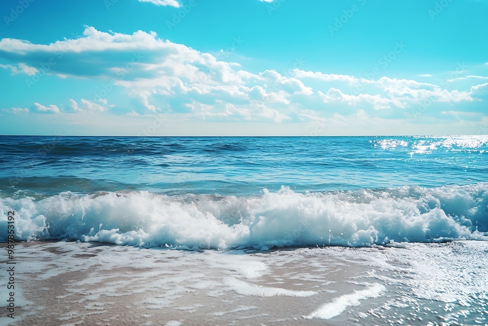 Beautiful ocean waves crashing on sandy beach under blue sky with white clouds Beautiful ocean waves crashing on sandy beach under blue sky with white clouds