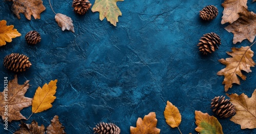 Autumn leaves and pine cones arranged on a textured blue background in fall d...