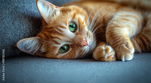 A close-up view of a relaxed orange cat lounging comfortably on a soft surface