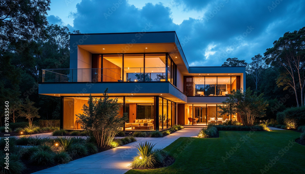 Fototapeta premium Striking contemporary house illuminated at night, showcasing sleek lines and lush landscaping.