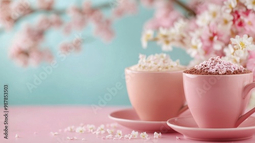 Two cups of coffee with sugar cubes on a pastel pink wooden table in a cozy s...
