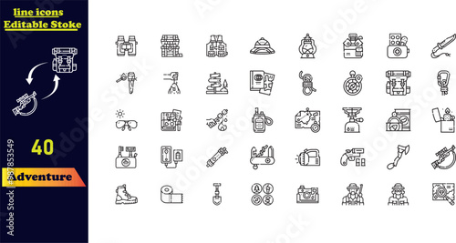 Adventure outline icon set featuring icons for hiking, campfires, snorkeling, climbing, traveling, and canoeing. Represents outdoor activities. Outline icon collection.