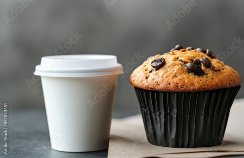 Coffee and chocolate chip muffin on a gray surface for a delightful morning s...