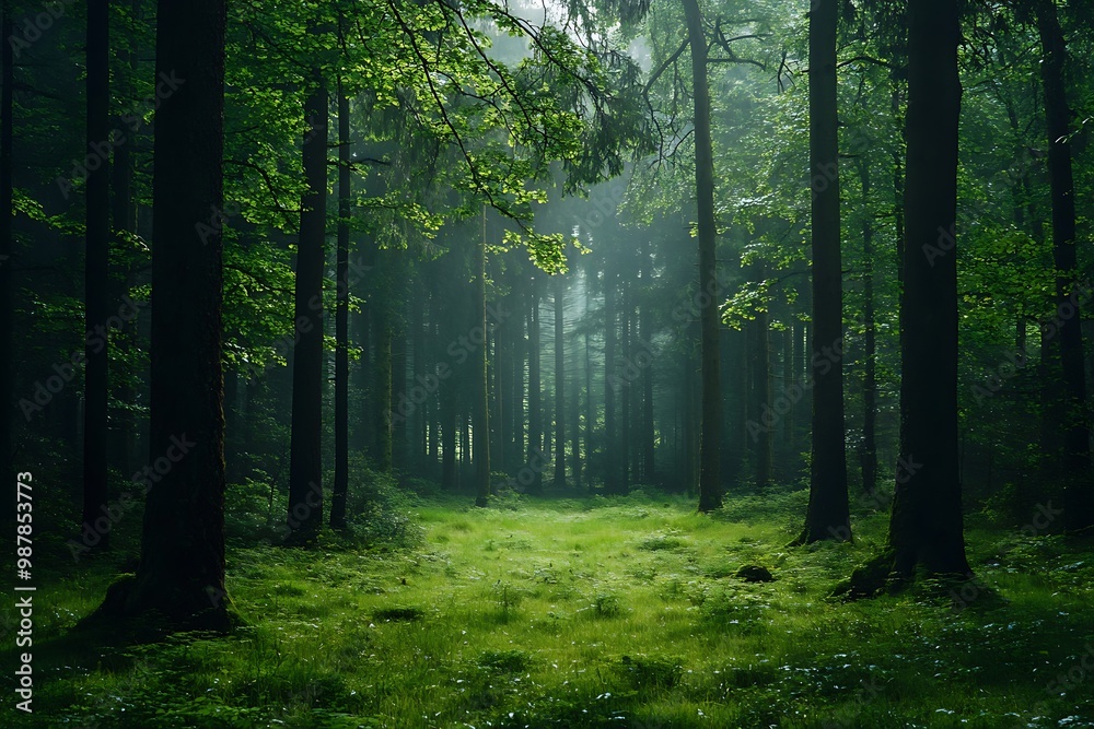 Obraz premium Mysterious Pathway Through Dense Forest With Sunlight Peeking Through Canopy