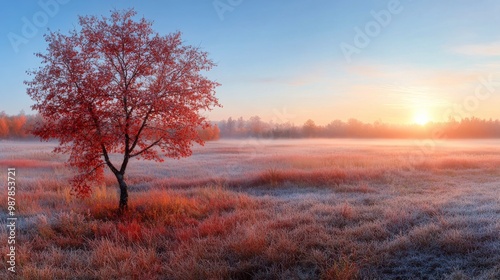 Frosty morning landscape with a vibrant red tree against a sunrise backdrop i...