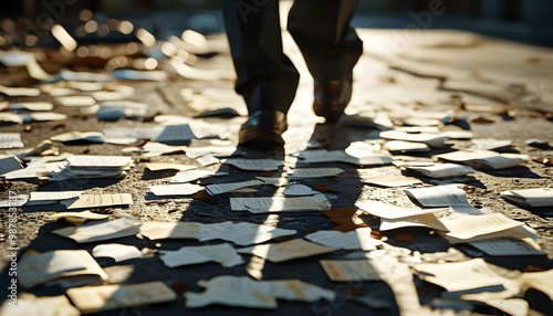 Lost in financial turmoil: a shadowed figure treads past scattered remnants of broken dreams and paperwork photo