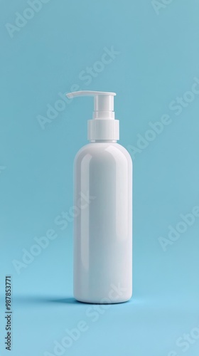 Simple white pump bottle on a light blue background for cosmetic or skincare ...