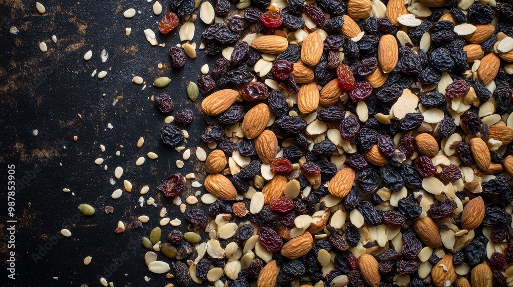 Fototapeta premium Dried fruit and nuts trail mix composition background
