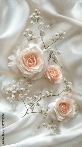 Soft pink roses and delicate babys breath on a smooth white fabric background...