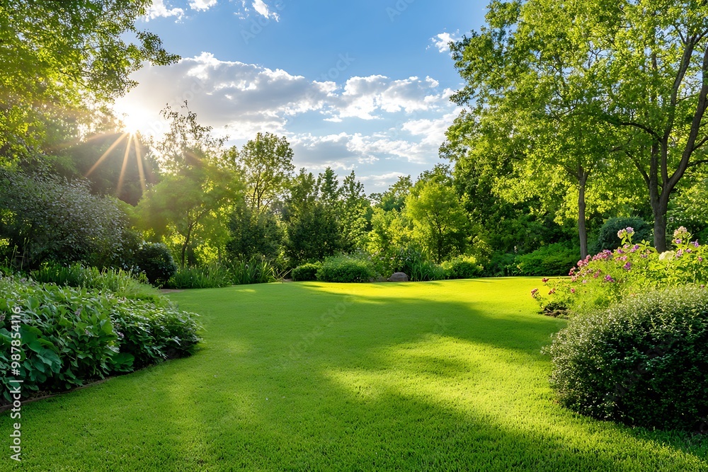 Naklejka premium Sunny Green Lawn in Lush Summer Garden with Blue Sky and White Clouds