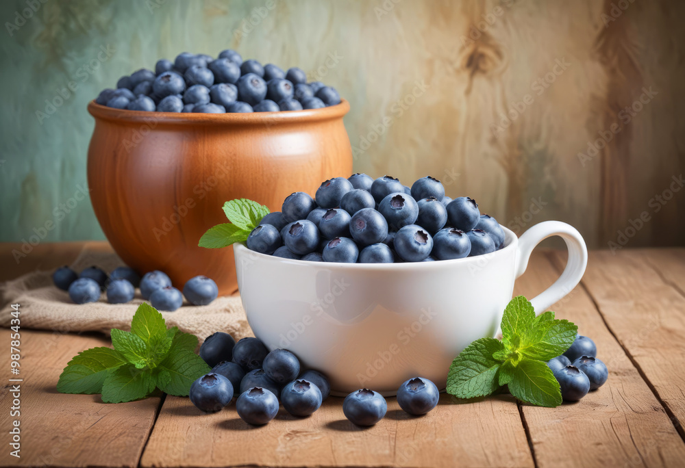 Blueberries in white mug on table