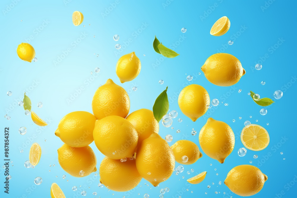 Fresh fruits in water with a lemon falling in, showcasing vibrant colors and healthy, juicy details Fresh fruits in water with a lemon falling in, showcasing vibrant colors and healthy, juicy details