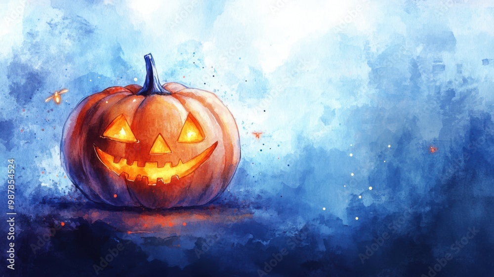 Fototapeta premium Watercolor Jack-o'-lantern with a mischievous grin, surrounded by swirling mist and glowing fireflies in a whimsical Halloween scene