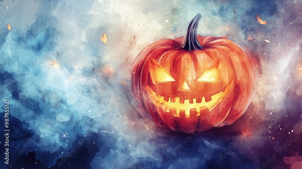 Watercolor pumpkin with a playful grin, surrounded by mist and fireflies, creating a magical Halloween vibe Watercolor pumpkin with a playful grin, surrounded by mist and fireflies, creating a magical Halloween vibe