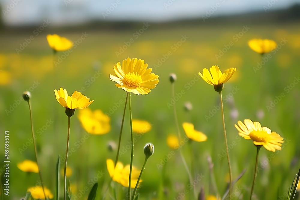 Yellow wildflowers in a field, blurred background. Spring flowers blooming, nature, springtime, botany, floral, meadow, sunshine, landscape Yellow wildflowers in a field, blurred background. Spring flowers blooming, nature, springtime, botany, floral, meadow, sunshine, landscape