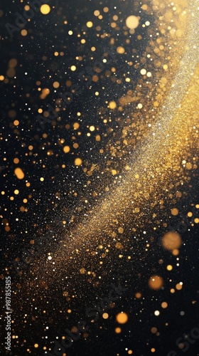 A mesmerizing display of golden glitter particles sparkling against a dark ba...
