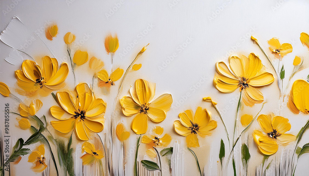 Obraz premium Oil painting of yellow flowers on white canvas. Palette knife technique. Hand drawn botanical art