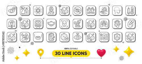 Social distance, Coronavirus pills and Vitamin d line icons pack. 3d design elements. Check eye, Medical mask, Vision board web icon. Zinc mineral, Vaccine report, Face scanning pictogram. Vector