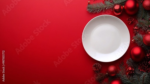A festive empty plate surrounded by Christmas decorations on a vibrant red table