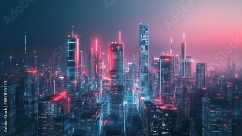 Wallpaper Mural Futuristic Cityscape with Neon Lights and Digital Grid Overlay Torontodigital.ca