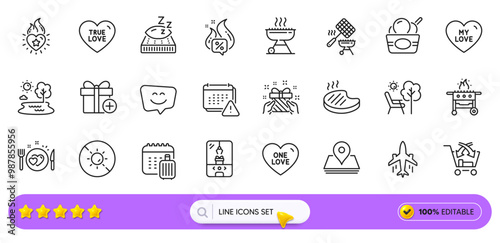 One love, Grilled steak and Gas grill line icons for web app. Pack of Smile face, No sun, Mattress pictogram icons. Notification, Grill, Gift signs. Baggage calendar, Cross sell. Search bar. Vector