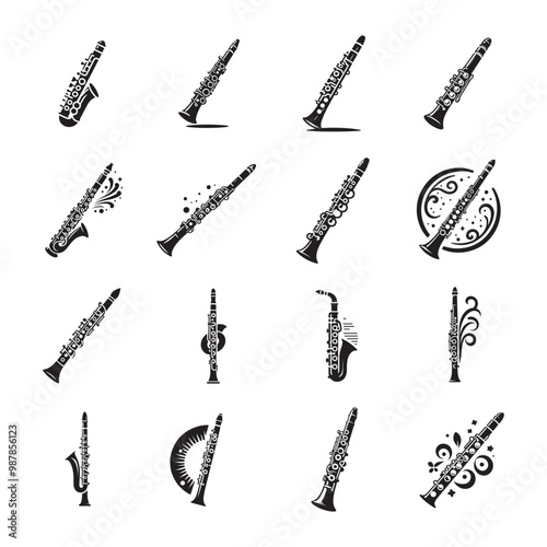 Clarinet silhouette vector icons set