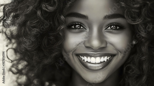 A beautiful black woman with curly hair smiles brightly.