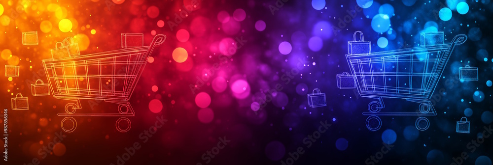 Fototapeta premium Neon shopping carts and bags outlined on a vibrant, bokeh background. Perfect for highlighting ecommerce, online shopping, and sales events such as Black Friday or Cyber Monday