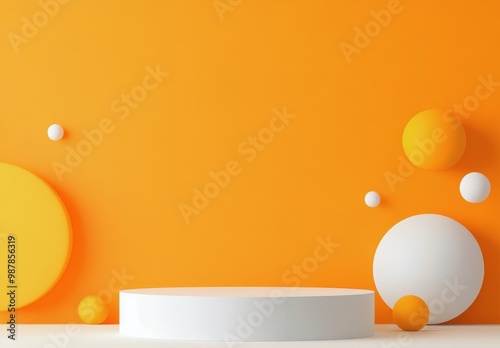 Bright orange background with colorful geometric shapes and a circular displa...