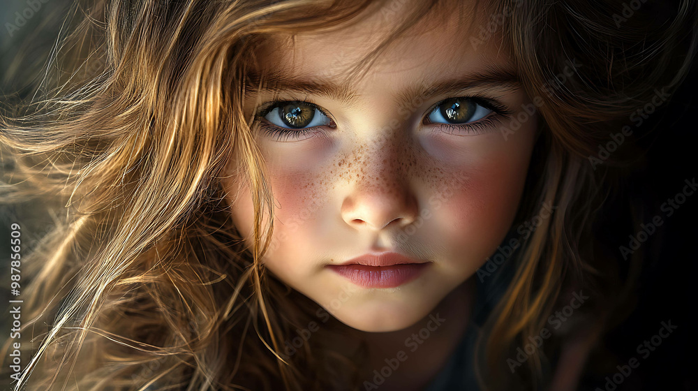 Close-up portrait of a little girl with brown hair and freckles looking intensely at the camera. Close-up portrait of a little girl with brown hair and freckles looking intensely at the camera.