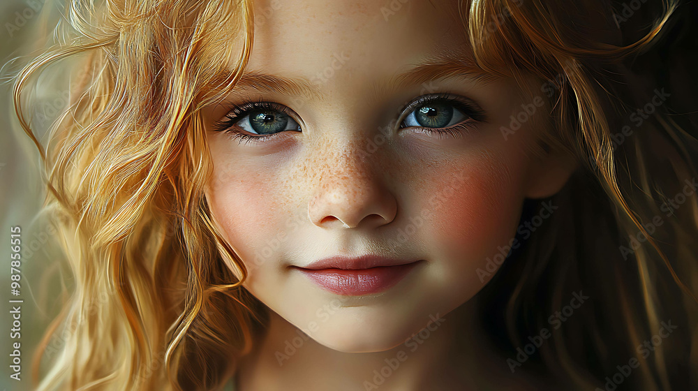 A young girl with long, curly red hair and bright blue eyes looks directly at the camera. A young girl with long, curly red hair and bright blue eyes looks directly at the camera.