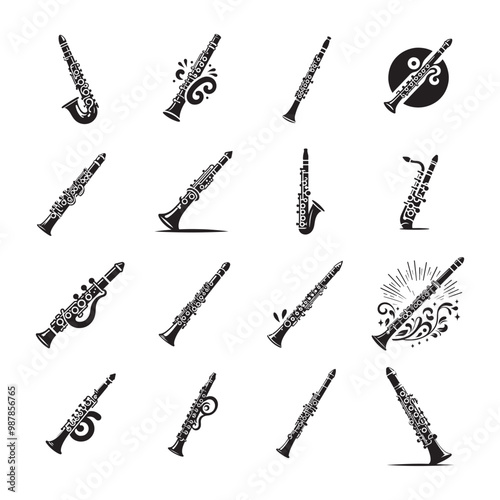 Clarinet silhouette vector icons set, music instrument 