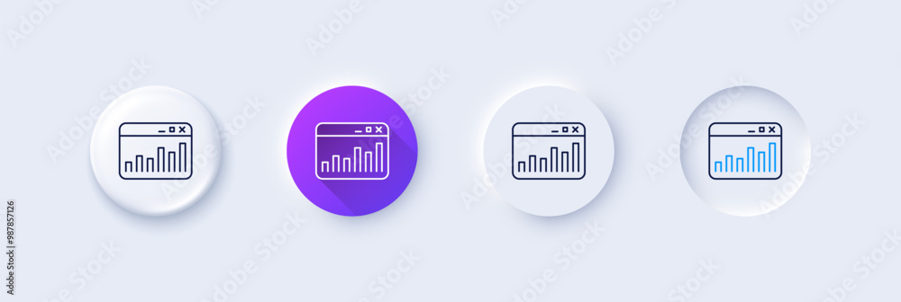 Marketing statistics line icon. Neumorphic, Purple gradient, 3d pin buttons. Web analytics symbol. Browser window sign. Line icons. Neumorphic buttons with outline signs. Vector Marketing statistics line icon. Neumorphic, Purple gradient, 3d pin buttons. Web analytics symbol. Browser window sign. Line icons. Neumorphic buttons with outline signs. Vector