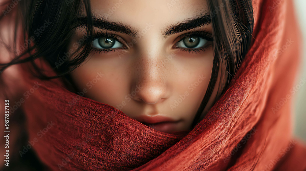 Close up portrait of a woman's face, looking intensely at the camera. She's wearing a red scarf that partially covers her face. Close up portrait of a woman's face, looking intensely at the camera. She's wearing a red scarf that partially covers her face.