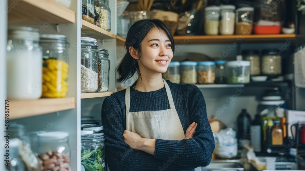 Young Asian woman stacks glass jars with horns in kitchen cabinet. Storage of bulk products. Zero waste. Vegetarian woman. Conscious consumption Young Asian woman stacks glass jars with horns in kitchen cabinet. Storage of bulk products. Zero waste. Vegetarian woman. Conscious consumption
