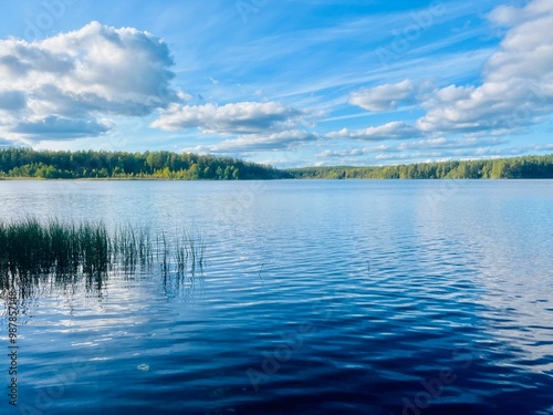 beautiful blue lake view, blue sky with white clouds reflections on the lake surface