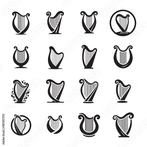 Elegant Harp Silhouette Logo Designs
