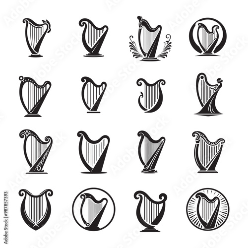 Harp Icon Collection in Silhouette Style
