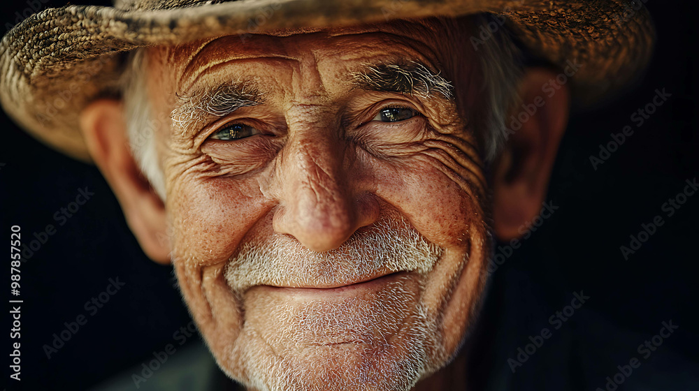 Close-up portrait of a smiling senior man with a straw hat. Close-up portrait of a smiling senior man with a straw hat.