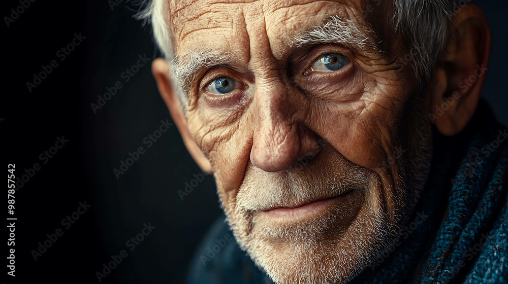 A close up portrait of an elderly man with blue eyes, looking at the camera.
