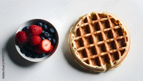 Waffles served with strawberries, blueberries and raspberries. photo